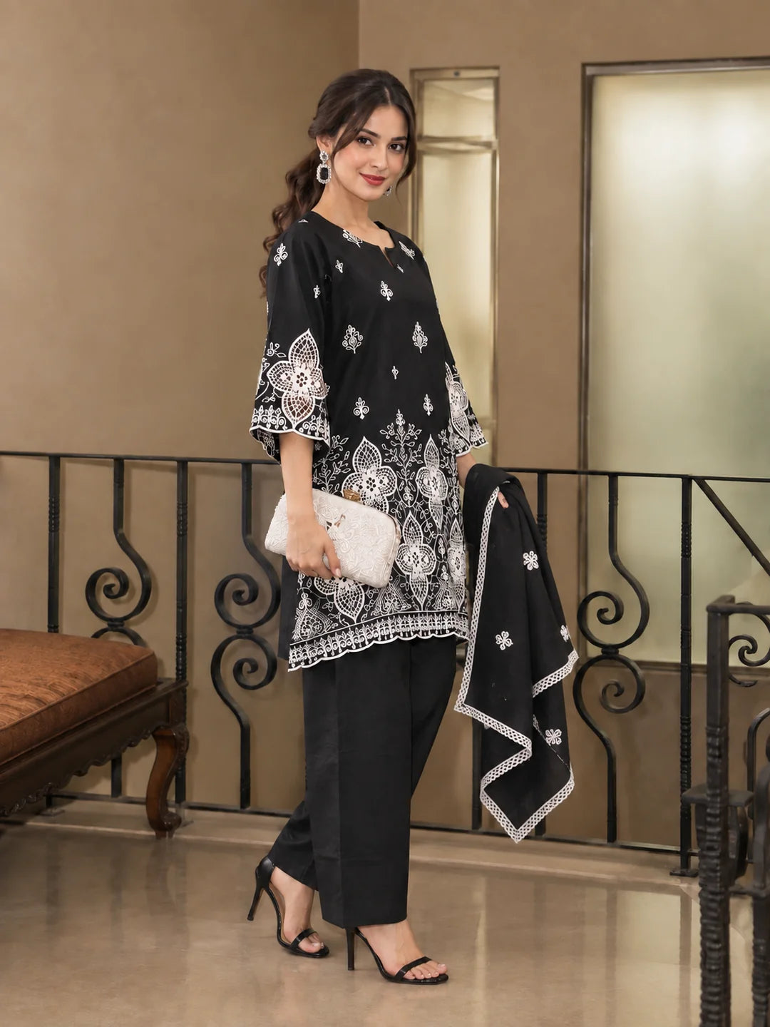 Black & White Floral Cutwork A-Line Kurta Set with Farsi Pants & Dupatta in Cotton