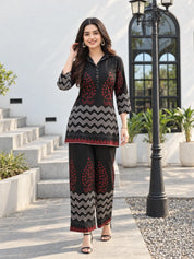 Black Zigzag & Red Dot Printed Co-ord Set in Cotton