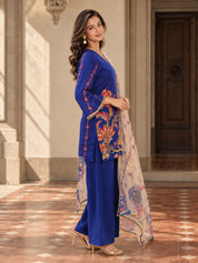 Conjunto de Kurta de 3 piezas bordado floral multicolor azul cielo en Mul Chanderi