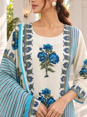 Blue and Cream Floral Stripe Kurta Set with Dupatta in Cotton