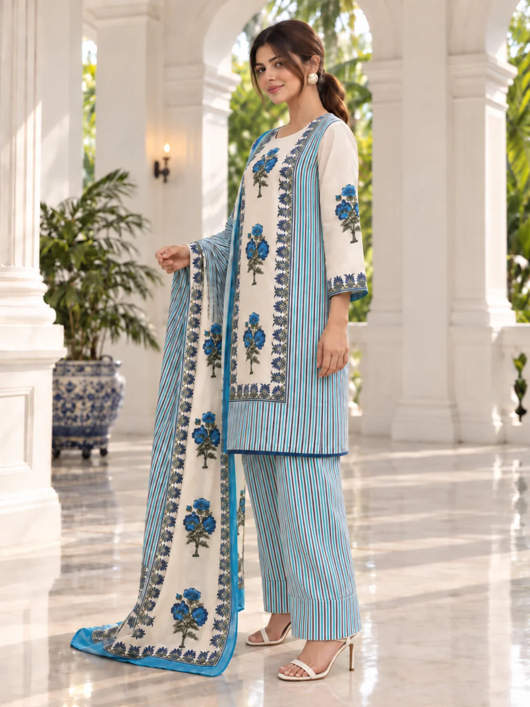 Blue and Cream Floral Stripe Kurta Set with Dupatta in Cotton