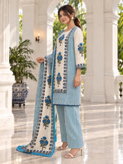 Blue and Cream Floral Stripe Kurta Set with Dupatta in Cotton