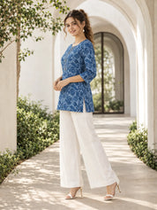 Blue Floral Jaal Short Kurti in Cotton