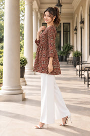 Mud Brown Tie-Neck Geometric Floral Peplum Short Kurti in Cotton