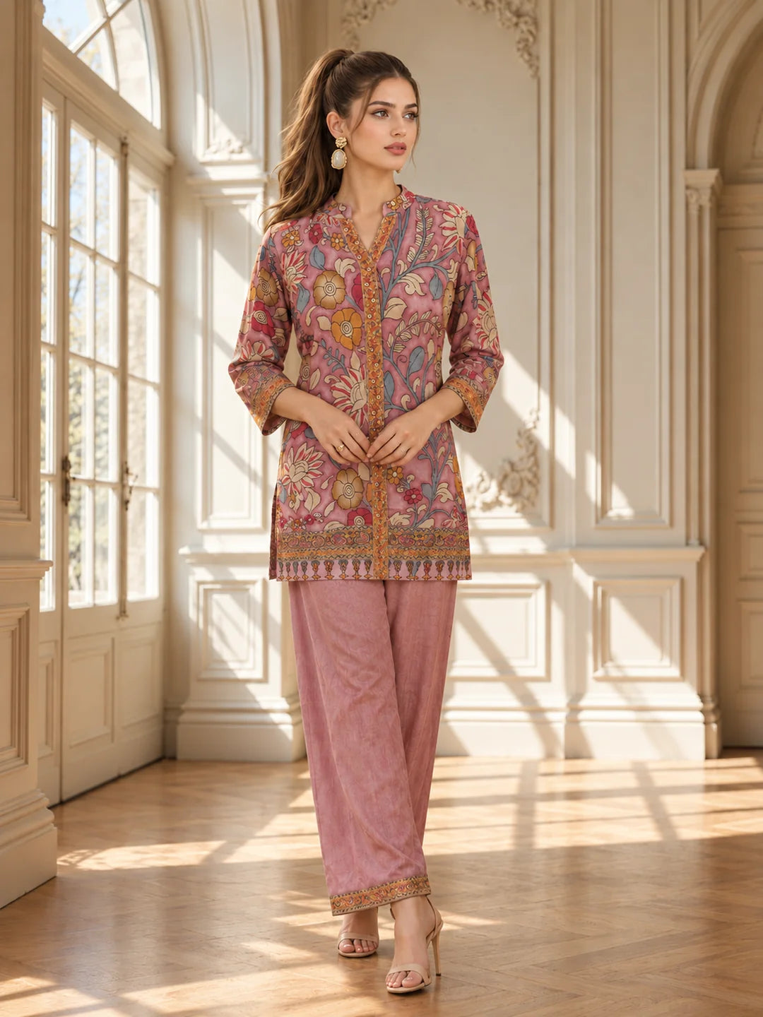 Pink Multicolour Floral Sequin Placket Wide-Leg Co-ord Set in Muslin
