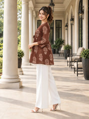 Brown Tie-Neck Floral Buta Peplum Short Kurti in Cotton