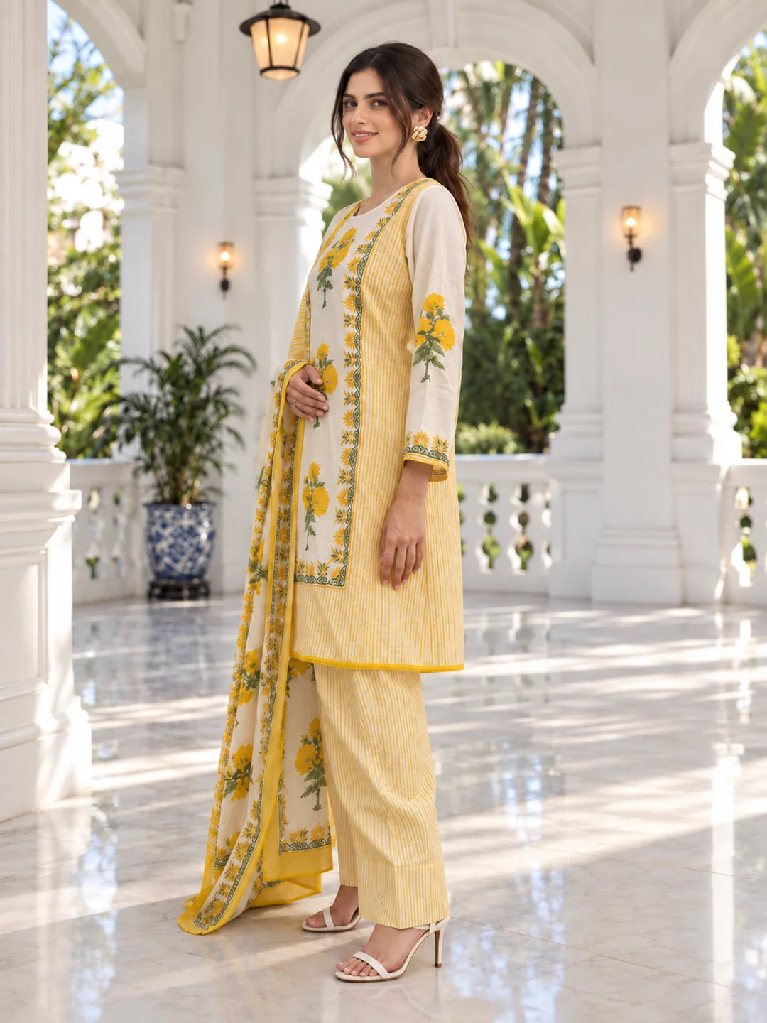 Yellow and Cream Stripe Floral Printed Kurta Set with Dupatta in Cotton