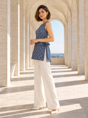 Blue and White Geometric Print Tie-Up Short Kurti in Cotton