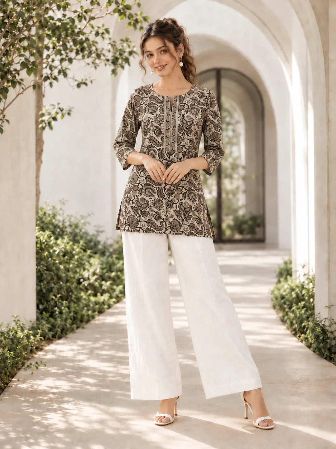 Beige & Brown Floral Jaal Short Kurti in Cotton