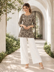 Beige & Brown Floral Jaal Short Kurti in Cotton