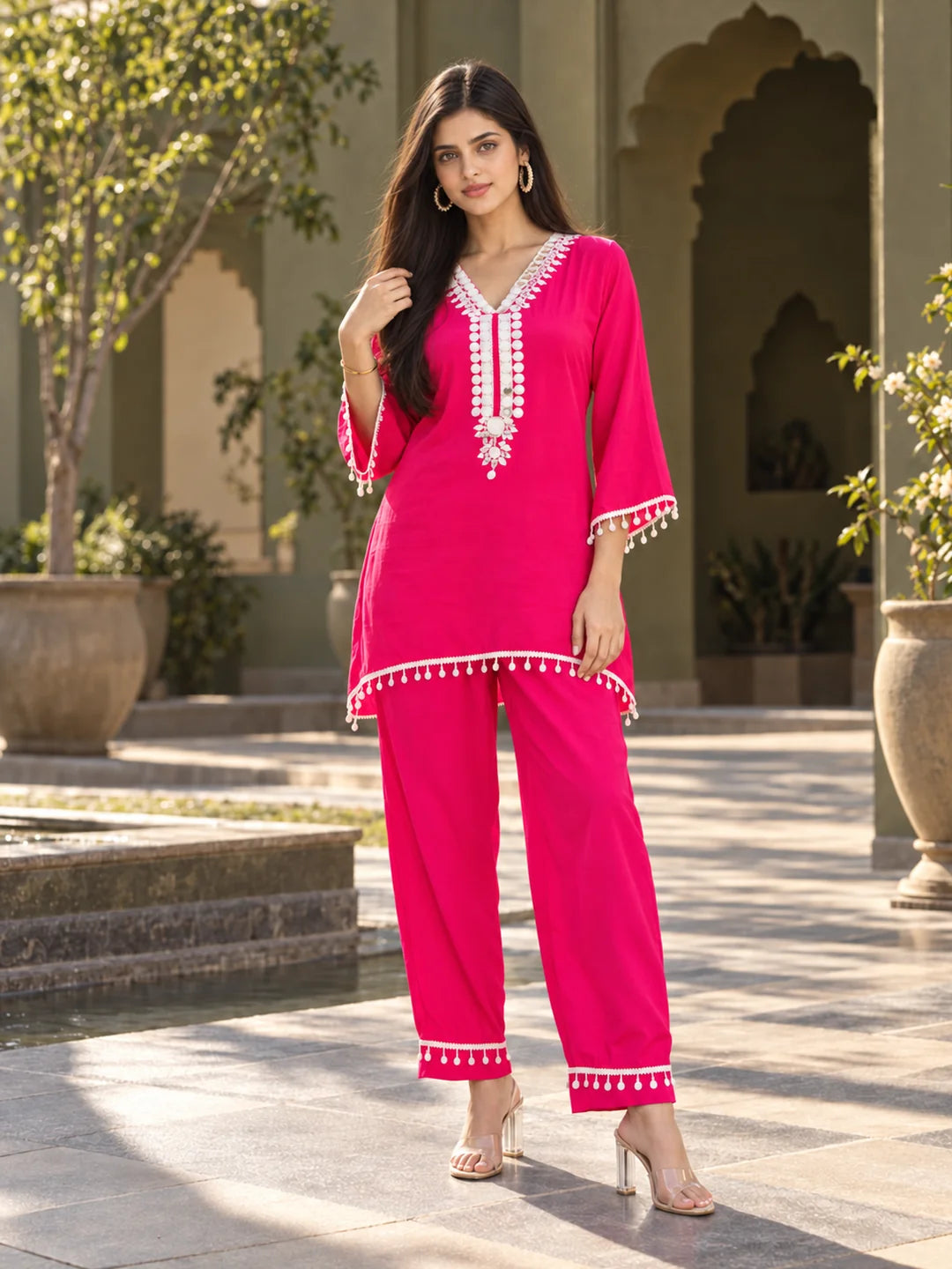 Rani Pink Mirror Embroidered Co-ord Set in Crepe