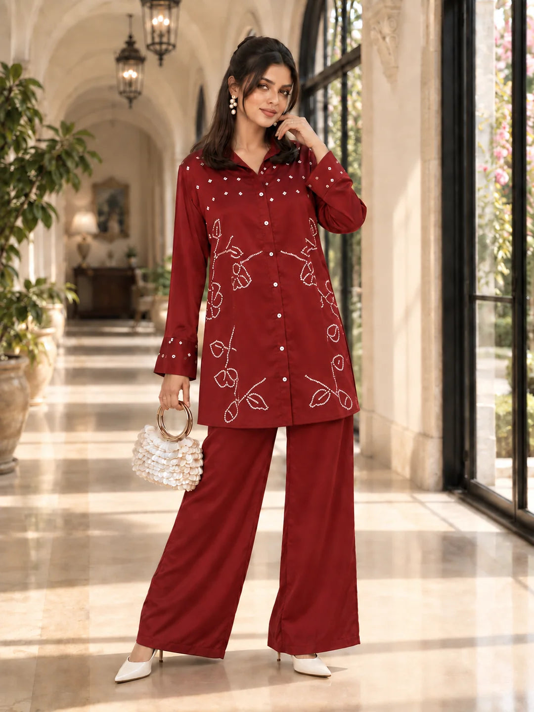 Maroon Hand-Tied Pure Bandhani Co-ord Set in Gajji Silk