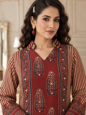 Maroon & Beige High-Low Mirror Embellished Patch Print Co-ord Set in Crepe