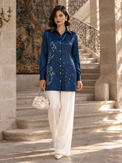 Deep Sea Blue Embroidered Collar Hand-Tied Pure Bandhani Shirt in Gajji Silk