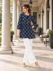 Blue Tie-Neck Geometric Print Peplum Short Kurti in Cotton