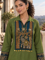 Green and Blue Gold Tassel Kalamkari Co-ord Set in Muslin