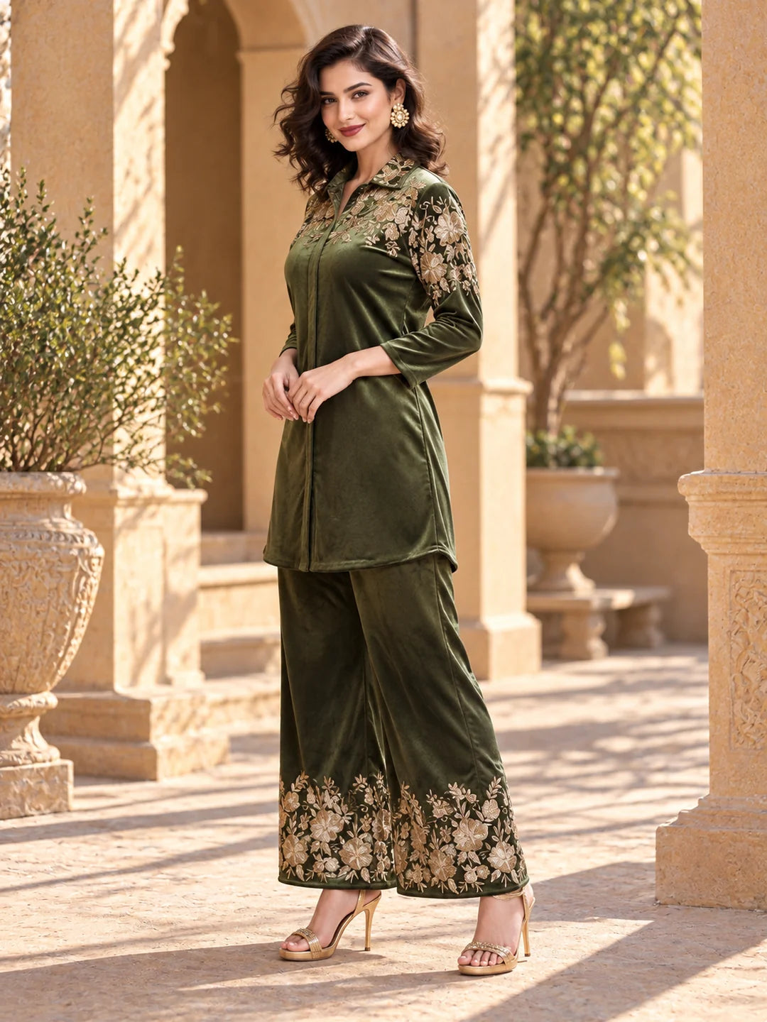 Zari Embroidered Velvet Co-ord Set in Fern Green