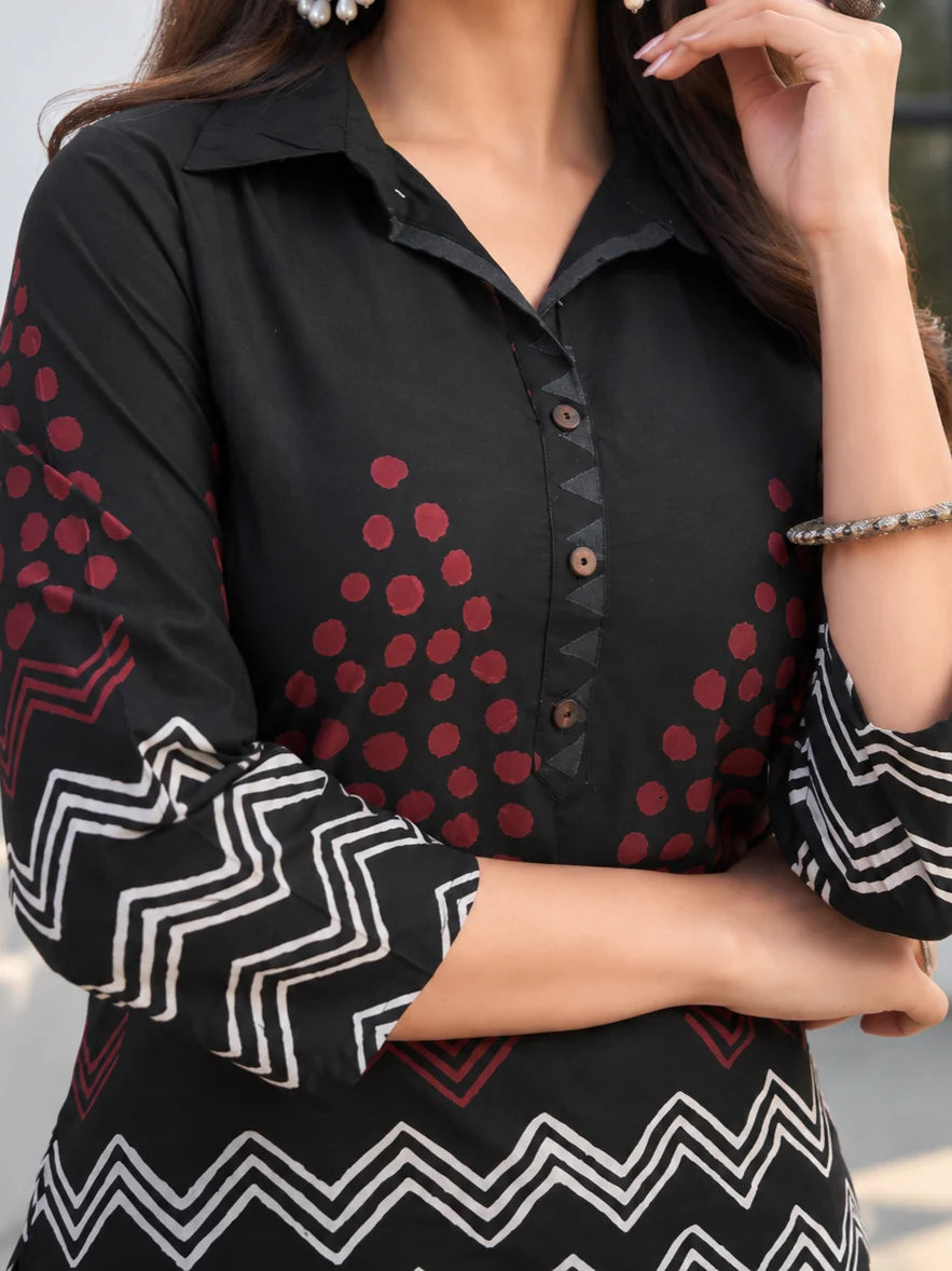 Black Zigzag & Red Dot Printed Co-ord Set in Cotton