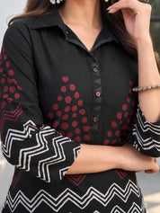 Black Zigzag & Red Dot Printed Co-ord Set in Cotton