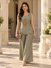 Grey Embroidered Bib 3 Piece Co-ord Set in Crushed Tissue