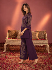 Velvet Floral Embroidered Co-ord Set in Dark Purple