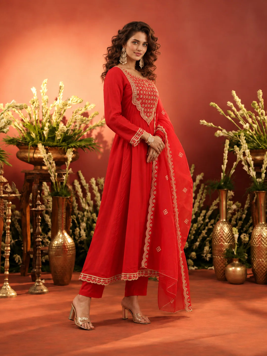 Red Multicolour Embroidered Yoke Kurta Set with Dupatta in Organza Silk