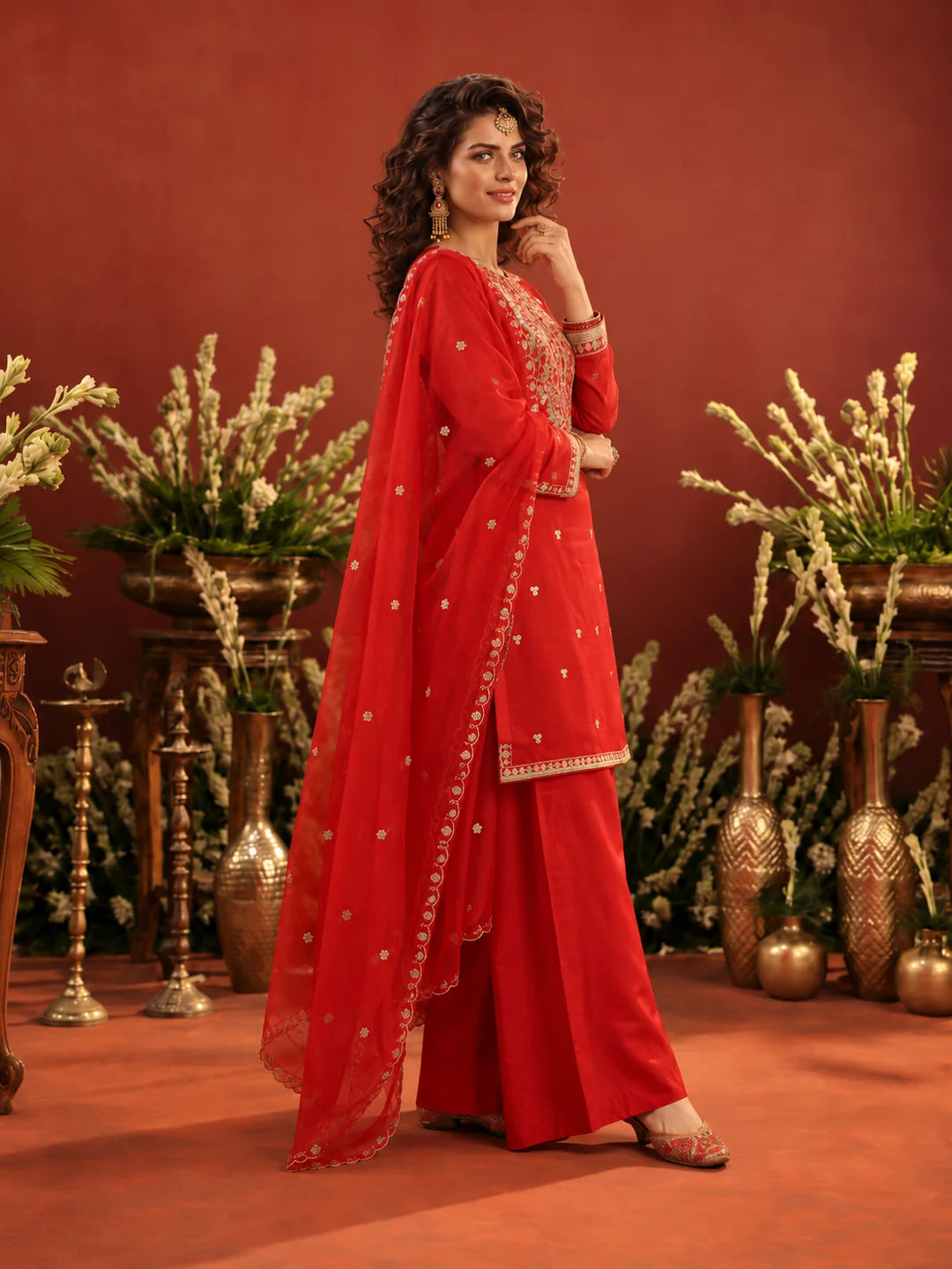 Red Multicolour Embroidered Yoke Kurta Set with Dupatta in Organza Silk