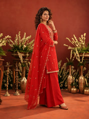 Red Multicolour Embroidered Yoke Kurta Set with Dupatta in Organza Silk