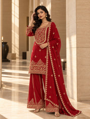 Red Foil Embroidered Kurta Set with Dupatta in Crepe