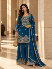 Cobalt Blue Bead Embroidered Kurta Set with Dupatta in Crepe