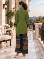 Green and Blue Gold Tassel Kalamkari Co-ord Set in Muslin