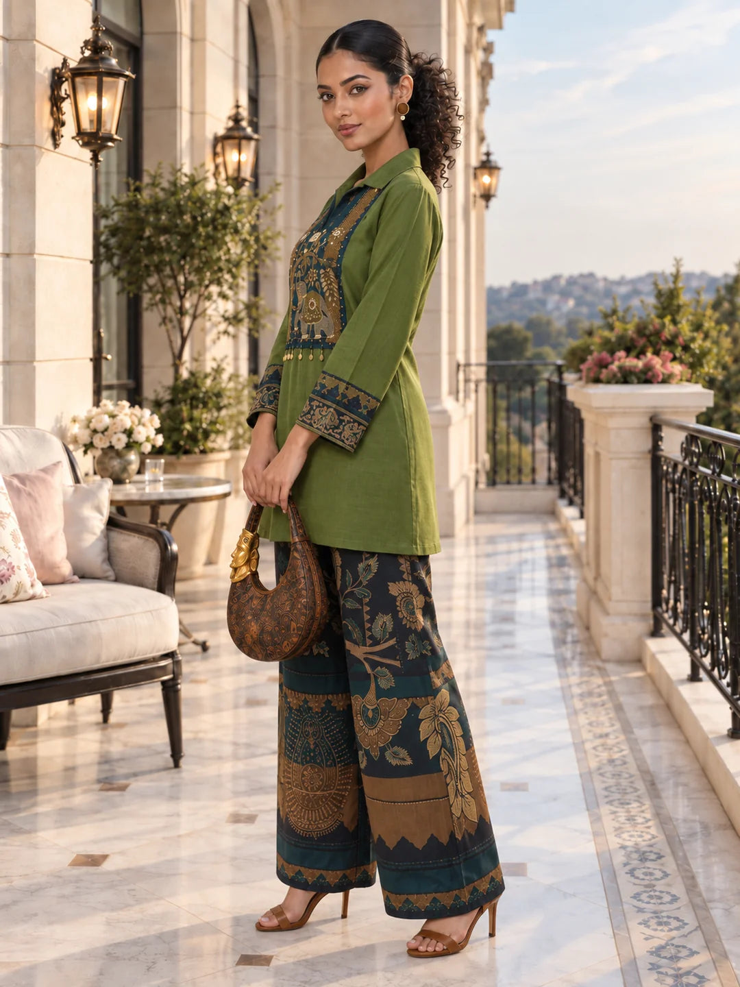 Green and Blue Gold Tassel Kalamkari Co-ord Set in Muslin