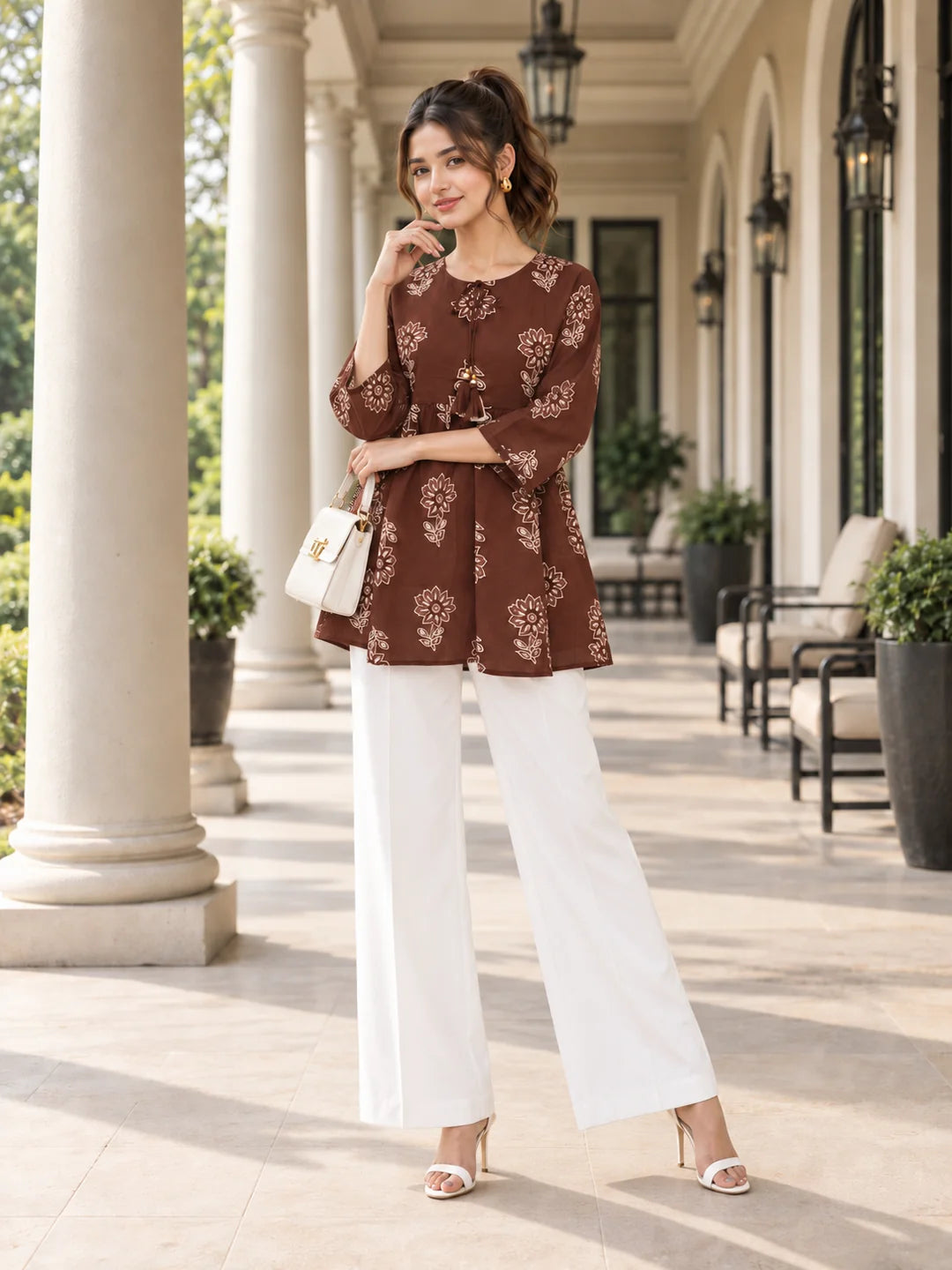 Brown Tie-Neck Floral Buta Peplum Short Kurti in Cotton