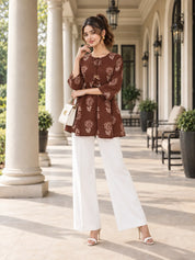 Brown Tie-Neck Floral Buta Peplum Short Kurti in Cotton