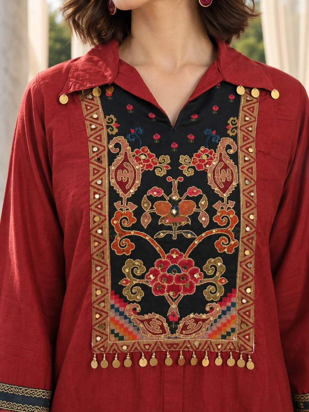 Maroon and Black Yoke Embroidered Printed Co-ord Set in Muslin