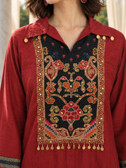 Maroon and Black Yoke Embroidered Printed Co-ord Set in Muslin