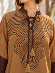 Brown Doodle Embroidered Contrast Panel Dress in Cotton Flex