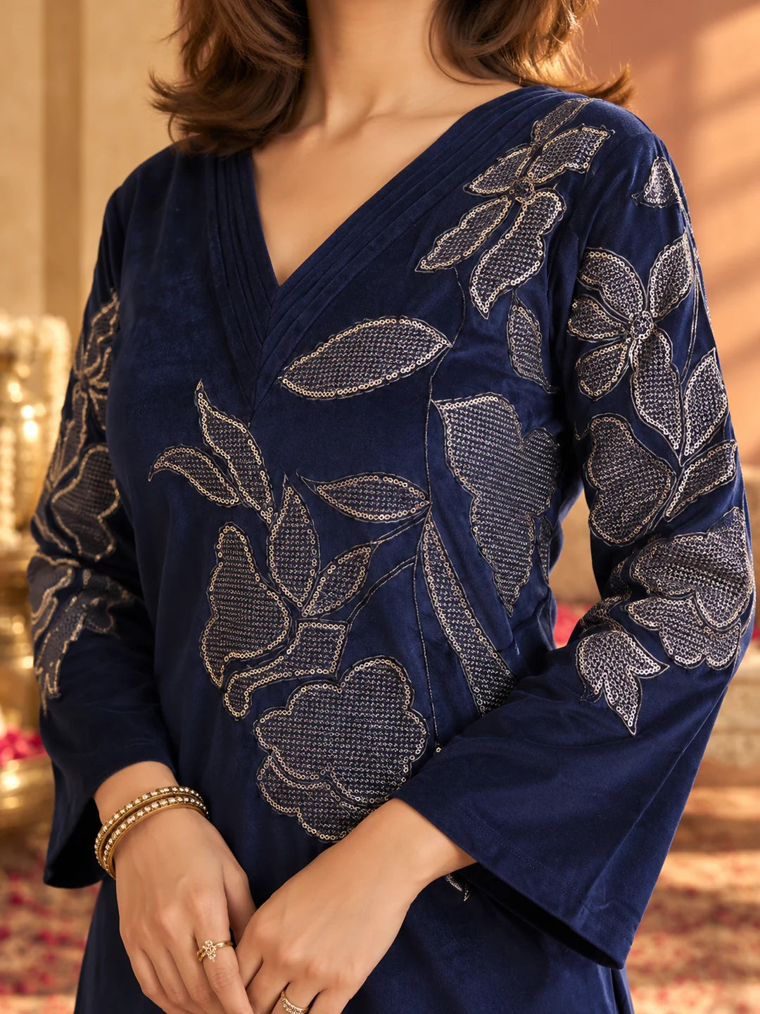 Velvet Floral Embroidered Co-ord Set in Navy Blue