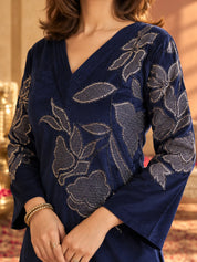 Velvet Floral Embroidered Co-ord Set in Navy Blue