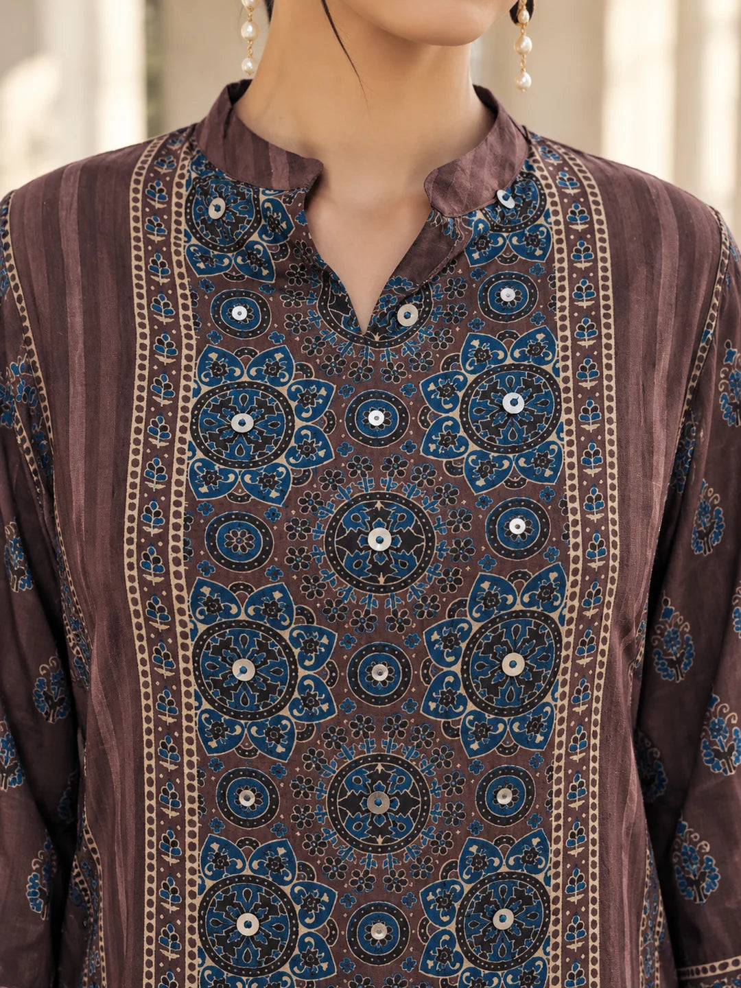 Dark Brown Patch Print High-Low Co-ord Set in Muslin