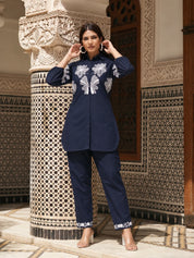 Navy Blue Bold Placement Print Cotton Co-Ord Set