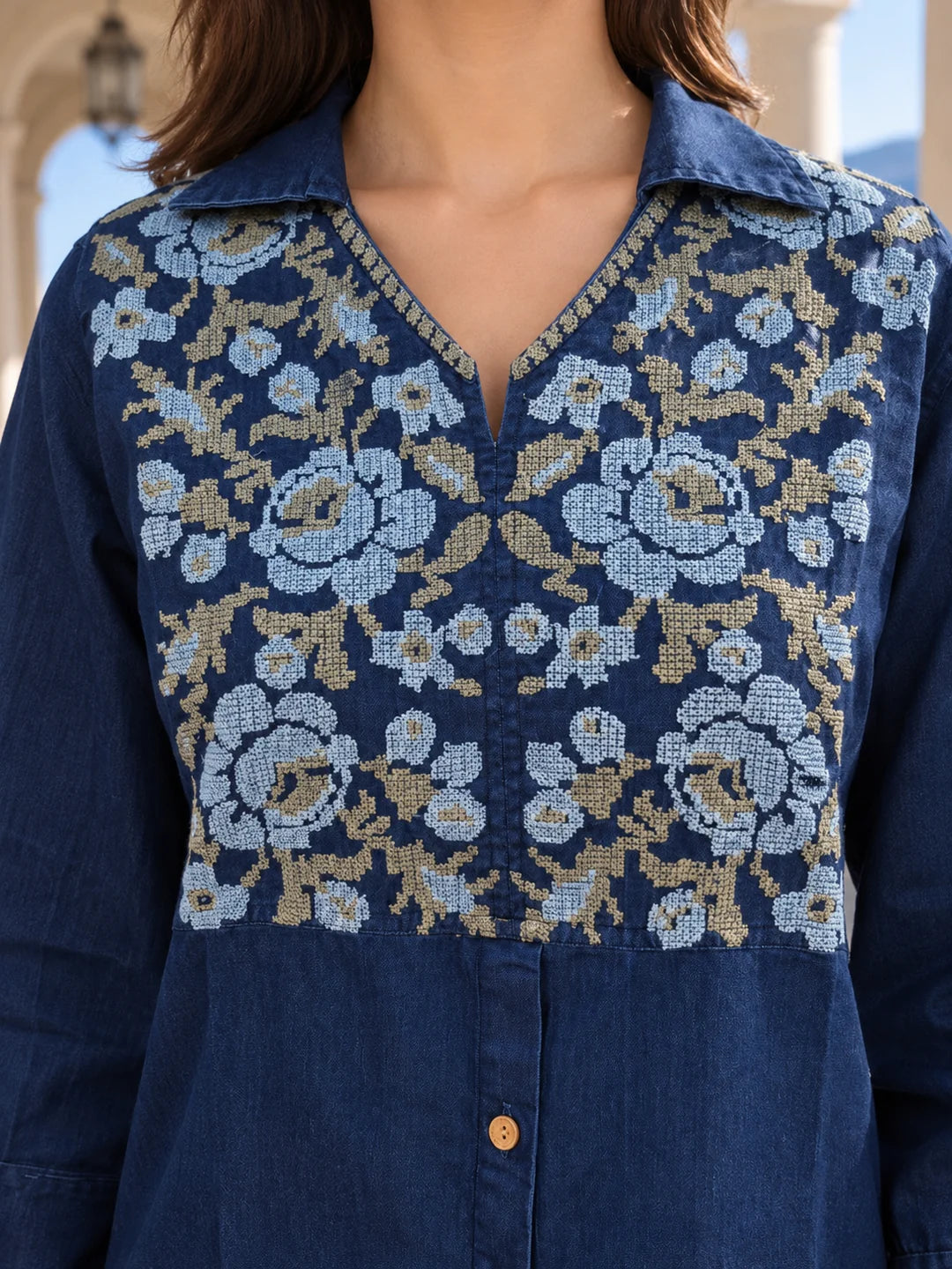 Denim Blue Floral Cross Stitch Co-ord Set in Cotton Denim