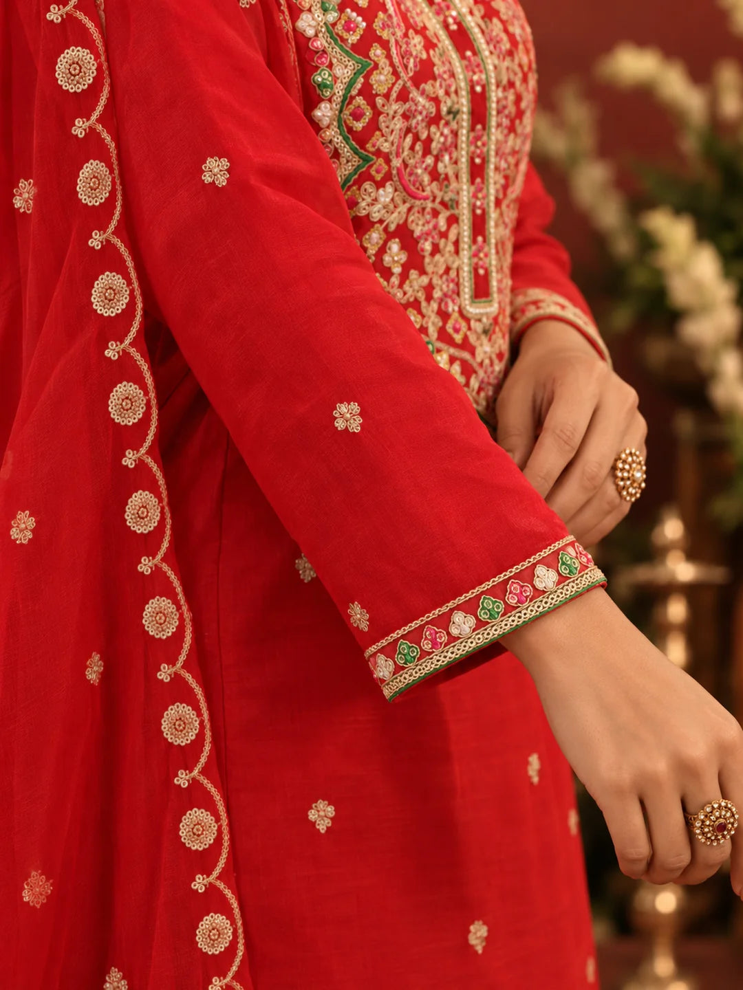 Red Multicolour Embroidered Yoke Kurta Set with Dupatta in Organza Silk