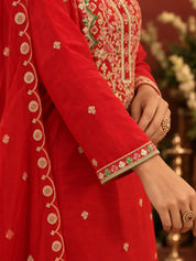 Red Multicolour Embroidered Yoke Kurta Set with Dupatta in Organza Silk