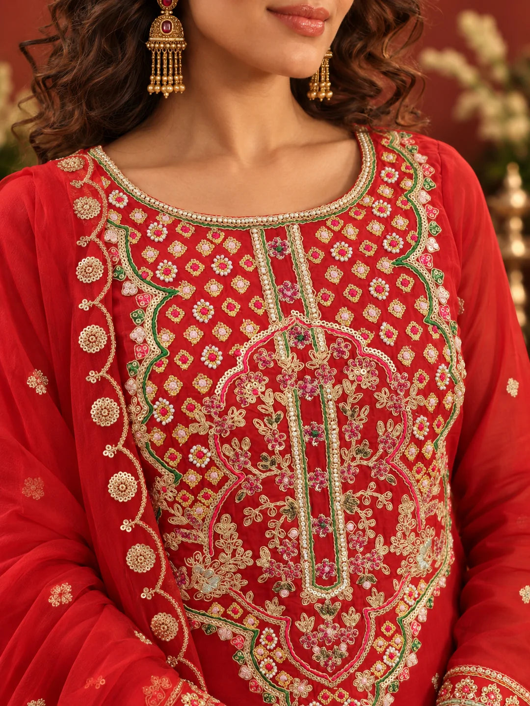 Red Multicolour Embroidered Yoke Kurta Set with Dupatta in Organza Silk