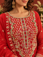 Red Multicolour Embroidered Yoke Kurta Set with Dupatta in Organza Silk