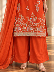 Conjunto Sharara de 3 piezas azul oscuro bordado en muselina pura de Bamberg con dupatta de gasa