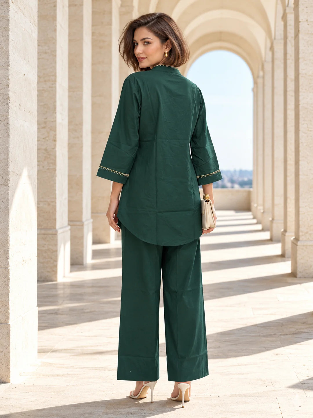 Bottle Green Blanket Stitch Co-ord Set in Cotton
