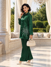 Bottle Green Hand-Tied Pure Bandhani Co-ord Set in Gajji Silk
