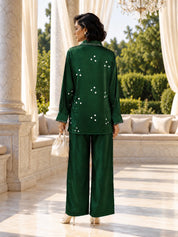 Bottle Green Hand-Tied Pure Bandhani Co-ord Set in Gajji Silk